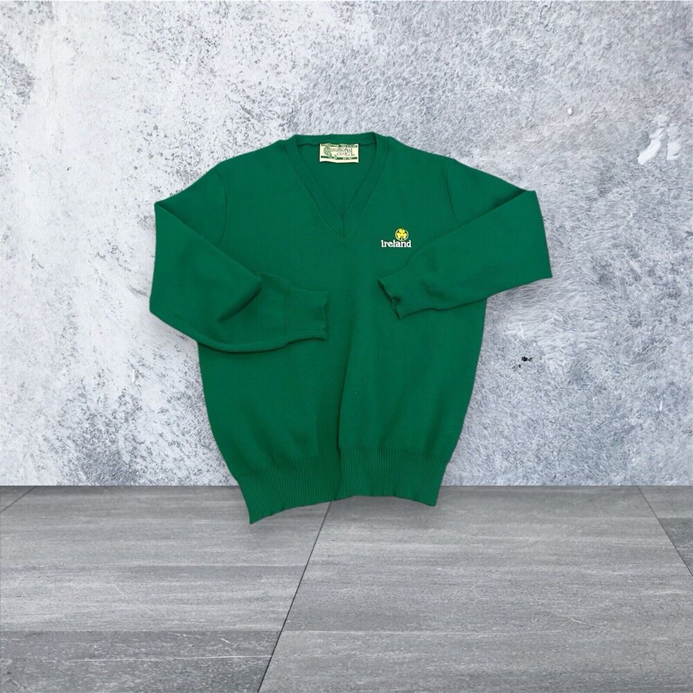 Vtg Traditional Craft Men's Green Ireland Logo V-Neck Sweater size 44-46 2xl